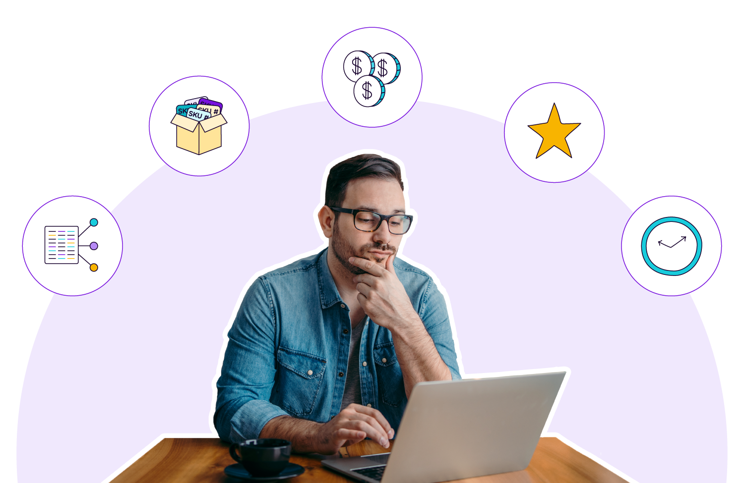 A man sitting in front of a laptop looking thoughtful and surround by icons related to PIM and PXM features.