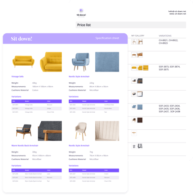 Branded PDF product sheet and price list 