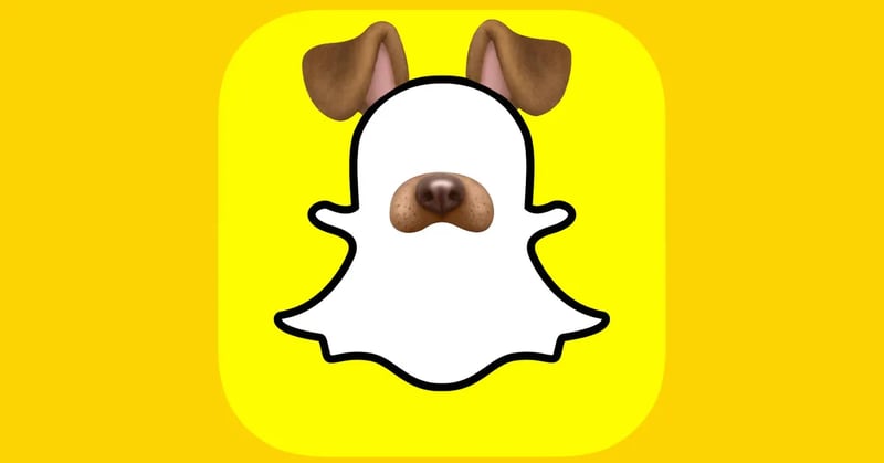The SnapChat logo with a dog filter applied in front of a yellow background.