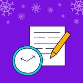A clock, a document, and a pen.