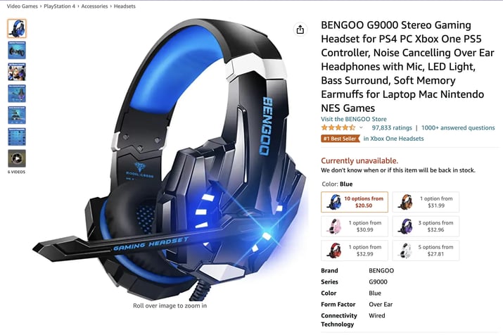   Example of detailed product information on Amazon