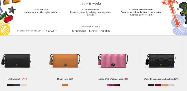 Example of personalization for customers with four different purses