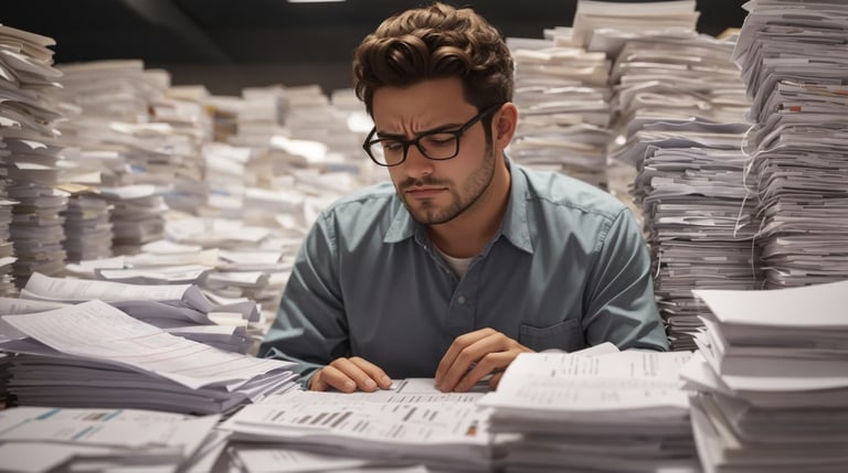 A man with glasses surrounded by piles of documents, looking at spreadsheets with a concerned expression.