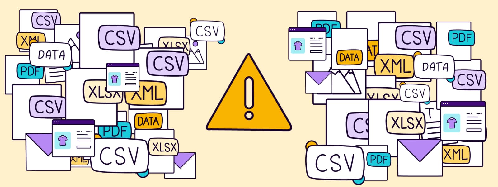 A warning sign surrounded by spreadsheets and other documents and files.