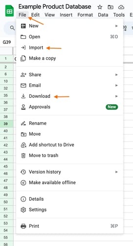 Data import and export with google sheets. File > import
