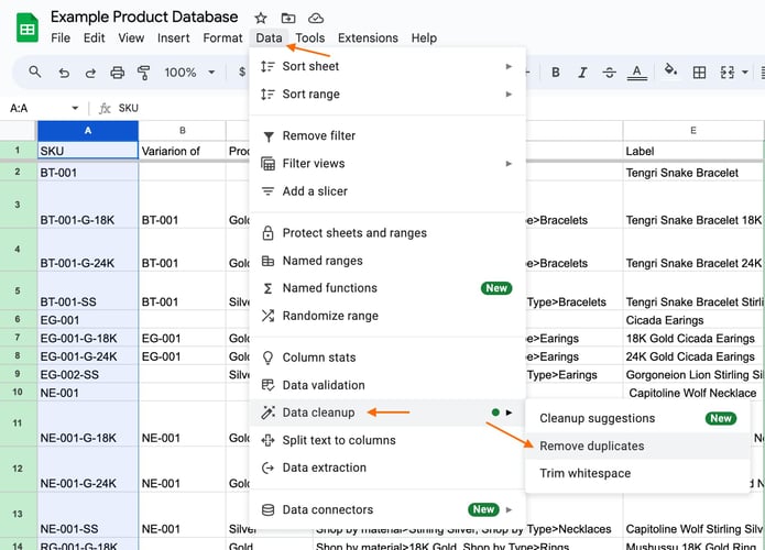 Remove duplicates with google sheets. Data > Data Cleanup > Remove duplicates
