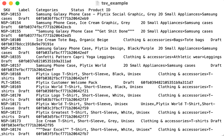 An example of product information in an TSV format