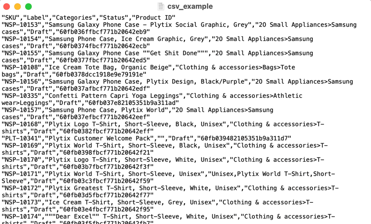 An example of product information in an CSV format