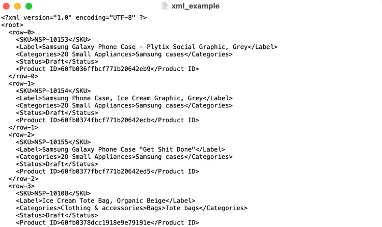 An example of product information in an XML format