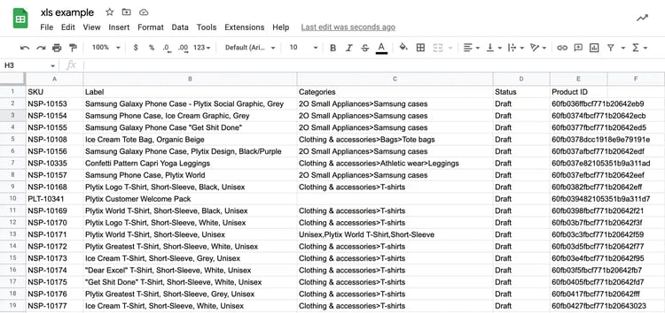 An example of product information in an XLS format