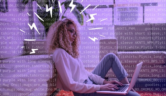 A woman sitting and using a laptop, with lightning bolts around her head and product data all over the image.