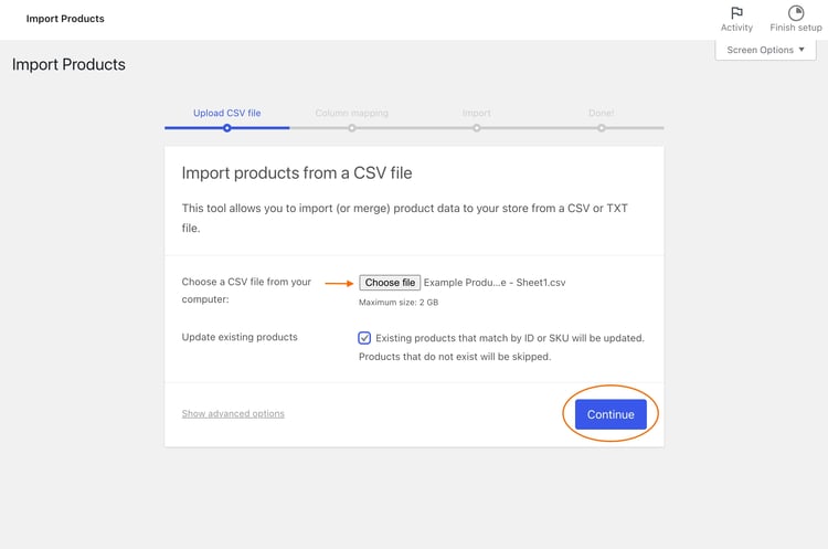 Upload CSV file with products to WooCommcer store