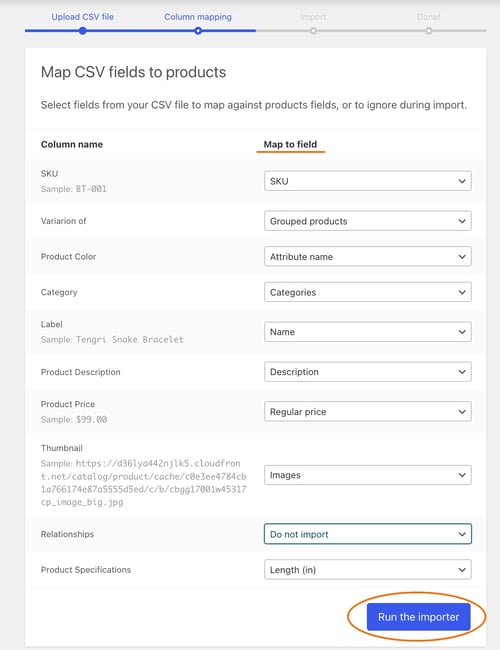 Mapping product fields in WooCommerce account
