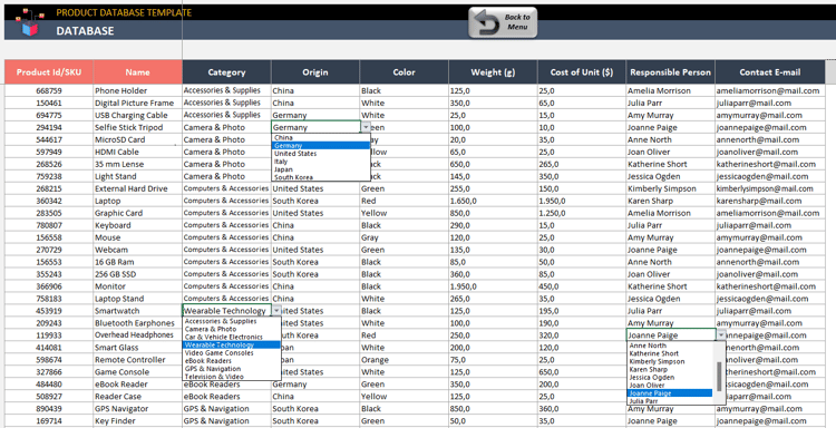 A spreadsheet example as a product database