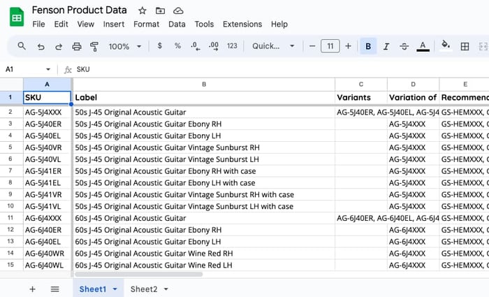 A spreadsheet called “Fenson Product Data” containing two sheets, Sheet1 and Sheet2