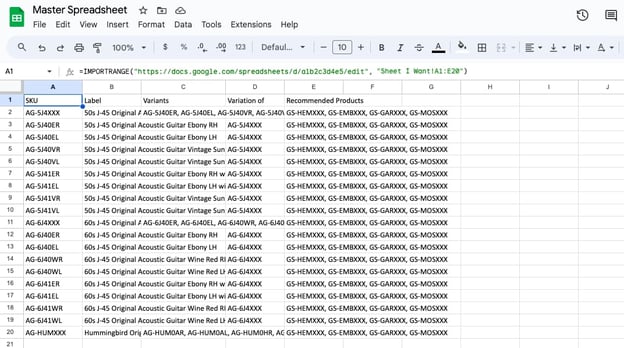 A master spreadsheet in Google Sheets with information that has been copied into it