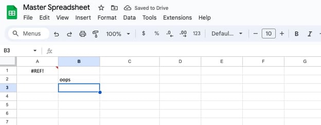 A mostly blank spreadsheet containing one cell saying "oops" and another saying #REF!