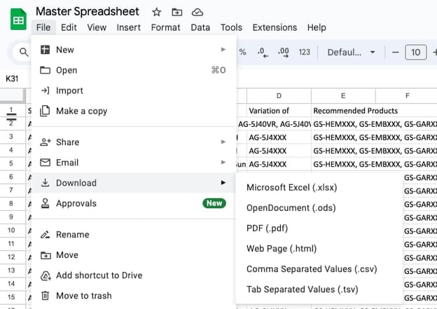 The various download option in Google Sheets