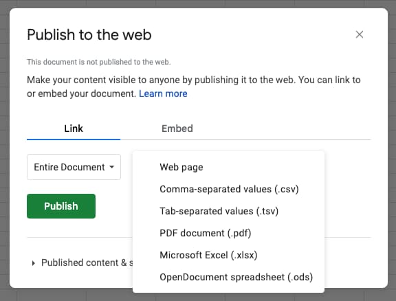 Different publish options in Google Sheets