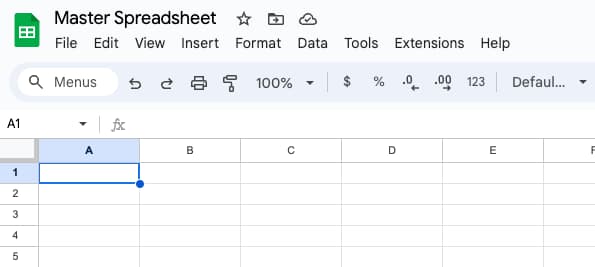 A screenshot of a blank Master Spreadsheet in Google Sheets with cell A1 selected