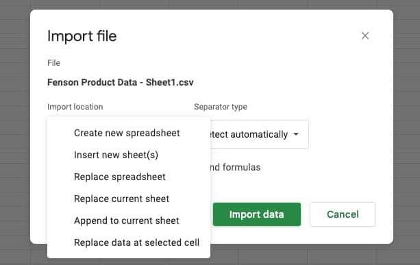 The different options when importing a file in Google Sheets.