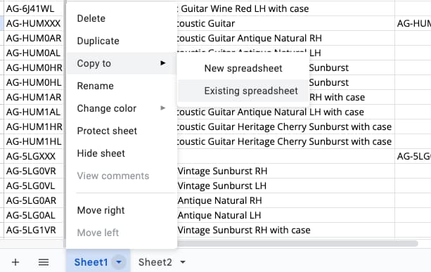 A screenshot of where to find the Existing spreadsheet option in Google Sheets