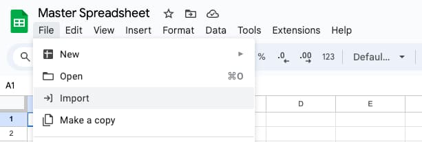 A screenshot of where to find the Import function in Google Sheets