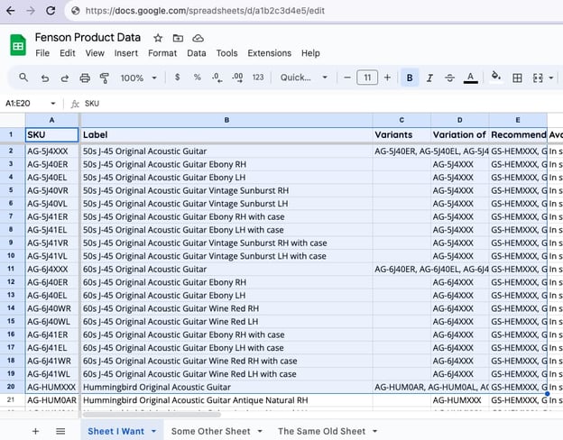 A spreadsheet in Google Sheets with certain cells selected