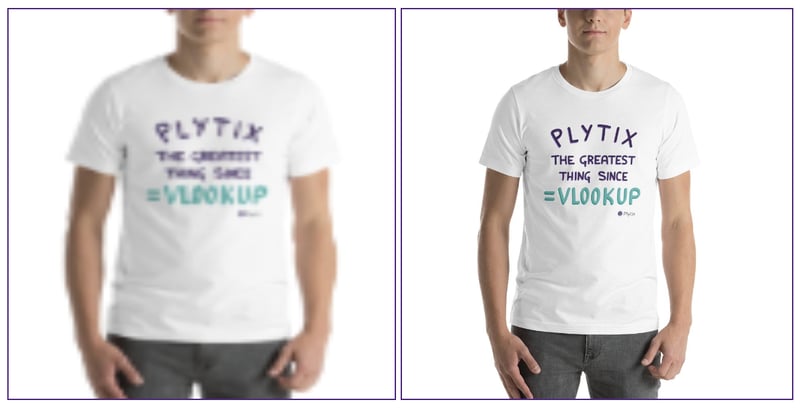 Two images of the torso of a man wearing a T-shirt that says "Plytix: The best thing since VLOOKUP," one image is lower quality
