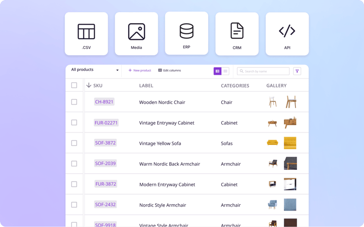 PIM features for importing data via CSV, JSON, XML, and API to streamline product management.