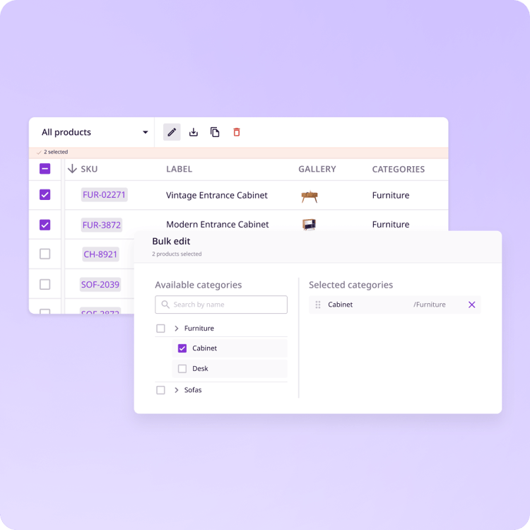 A bulk editing tool updating multiple products at once, demonstrating key PIM capabilities.