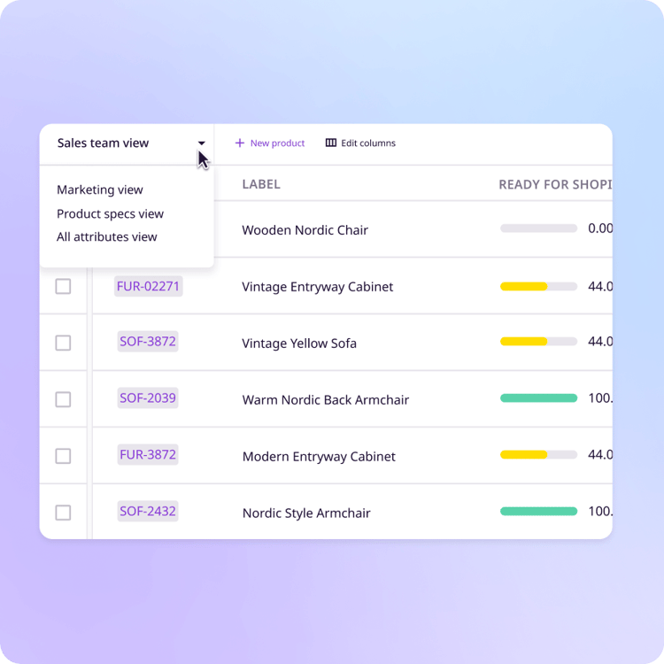 A PIM dashboard with a custom table view displaying selected product attributes.