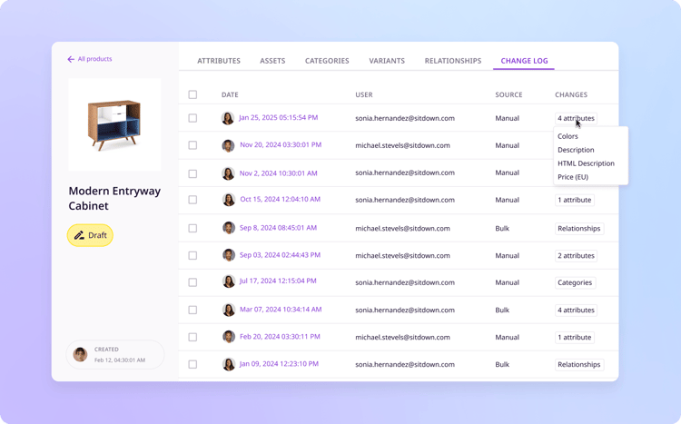 A log of product updates showing past descriptions and images for data accuracy.