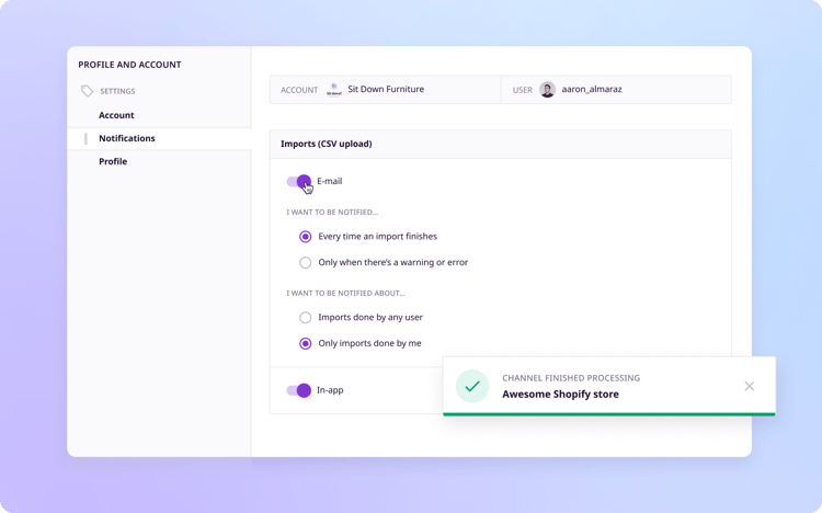 A PIM alert system notifying users of pending approvals and missing data.