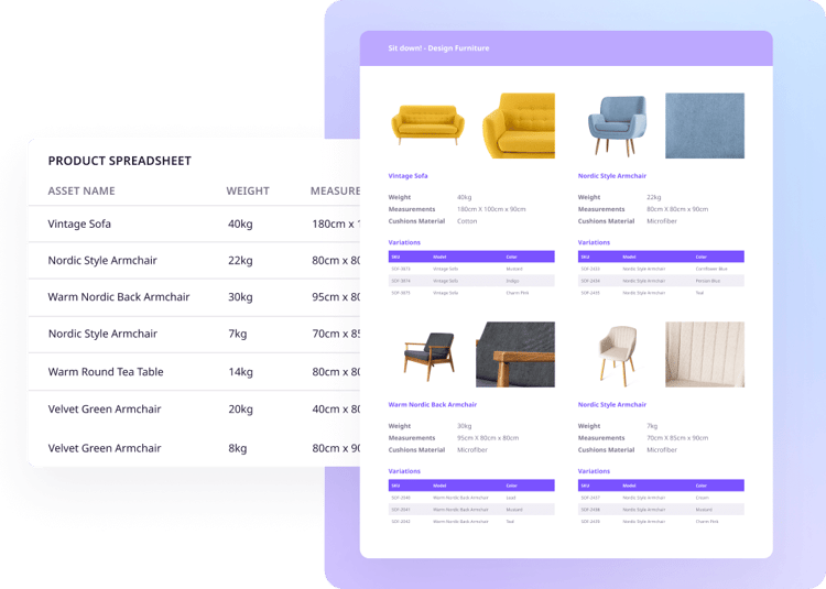 A generated product catalog with branding and specifications from a PIM system.