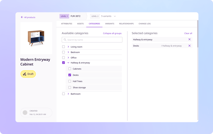 A hierarchical category tree showcasing PIM features for better product organization.