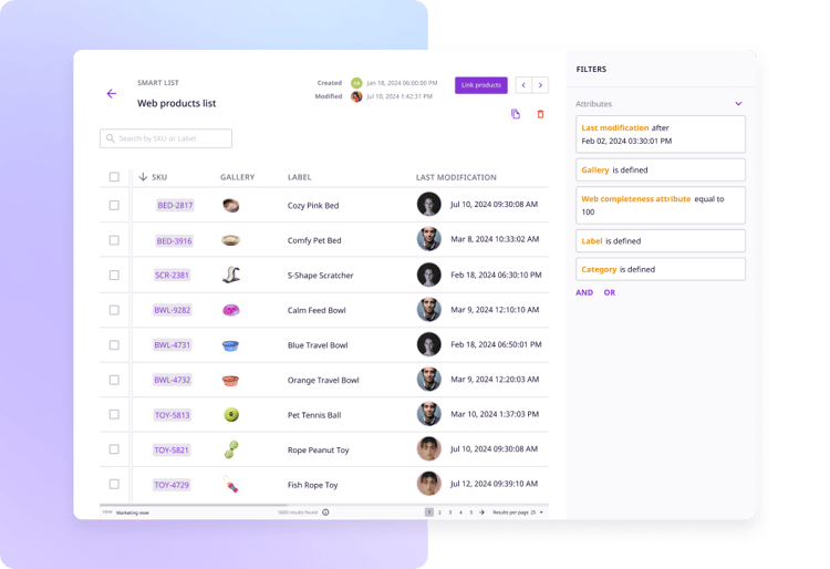 A search panel with filters for brand, material, and availability, highlighting PIM features.