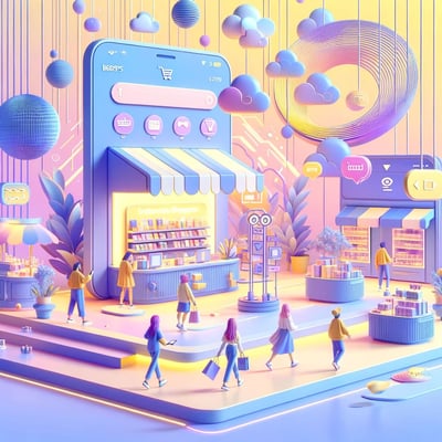 An AI-generated illustration of ecommerce, showing a futuristic shop in purple, yellow, and blue.