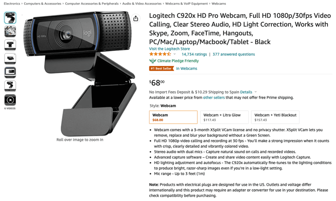 An Logitech webcam product listing on Amazon
