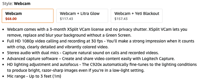 A close up of a Logitech webcam product description on Amazon