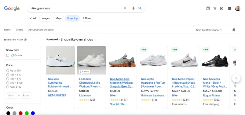 Searching for Nike Gym Shoes on Google