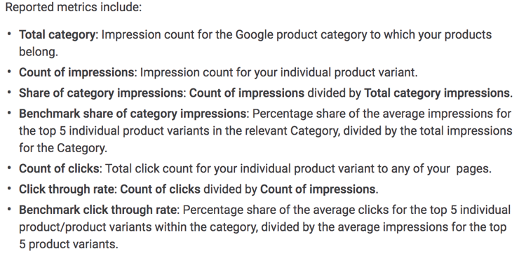 According to Google’s documentation, manufacturers can view product impressions, clicks, and click-throughs as well as how these results compare to other products in similar categories.