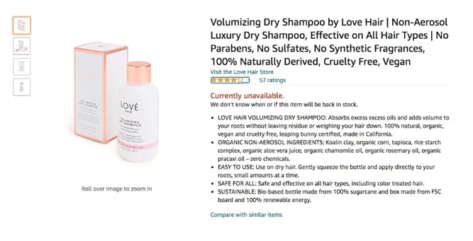 Amazon product listing - Love Hair