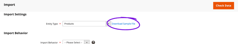 The part of the Import page where you can find the Download Sample File link on Adobe Commerce.