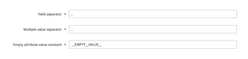 The Field separator, Multiple value separator, and Empty attribute value constant part of the Import page in Adobe Commerce.