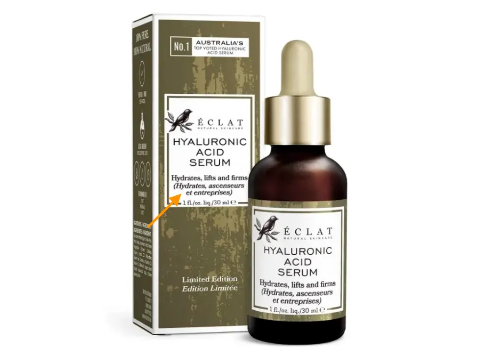 A mistranslated Eclat serum from English to French