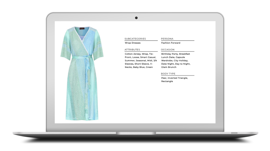Image of product attributes displayed on a product listing of a dress