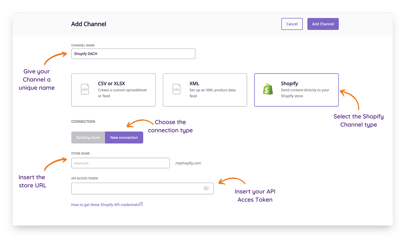 Adding a channel in Plytix - sales channel option for Shopify