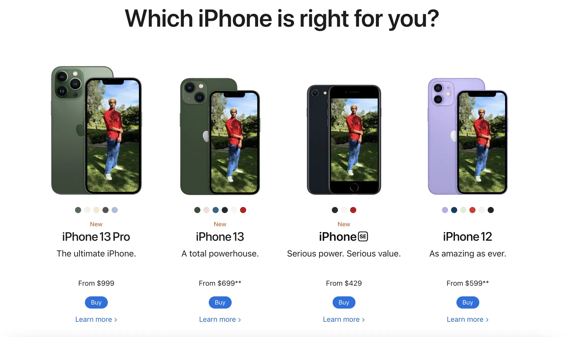 Example of Apple's store of iPhone variations of models and colors