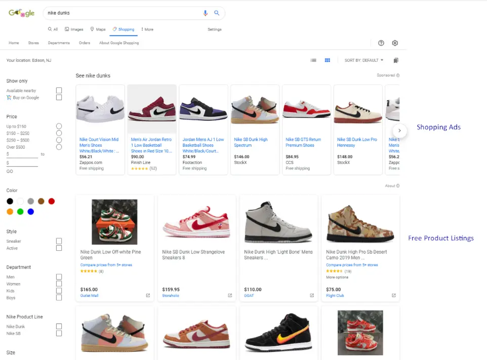 Product listings on Google shopping showcasing products